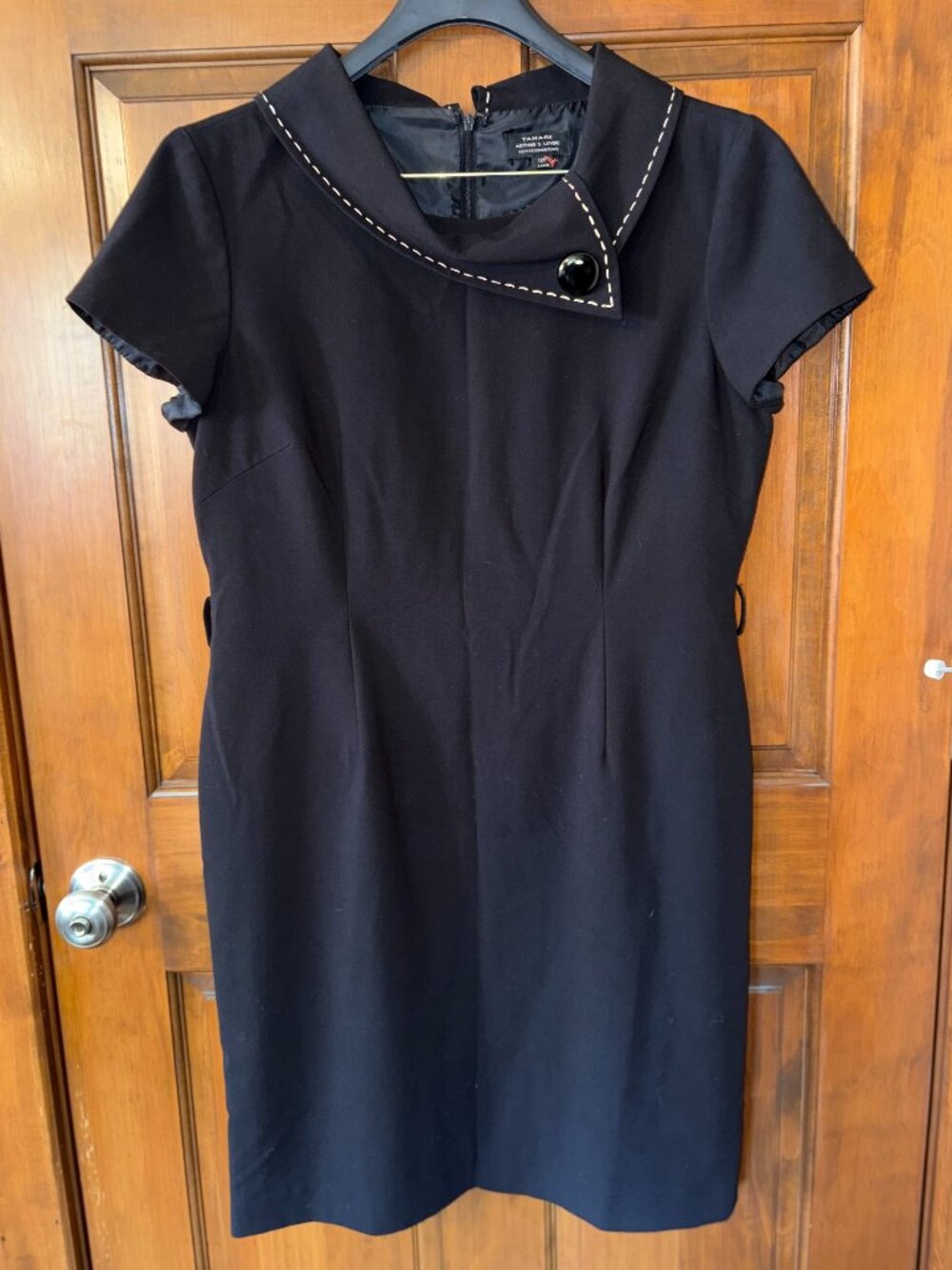 Tahari Arthur S Levine Black Contrast Stitch Asymmetric Collar Dress Size 12P
